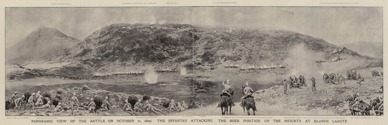 Panoramisch Uitzicht op de Slag op 21 oktober 1899, de Infanterie valt de Boer-positie aan op de Hoogten bij Elands Laagte door Joseph Nash
