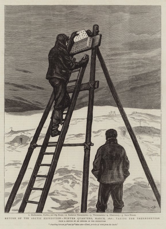 Terugkeer van de Arctische expeditie, winterkwartieren, maart 1876, het nemen van de thermometers door Joseph Nash