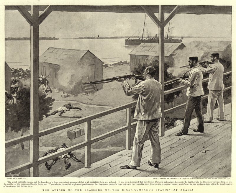 De aanval van de kopersmeden op het station van de Niger Company in Akassa door Joseph Nash