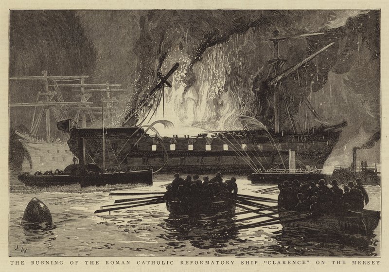 De Brand van het Rooms-Katholieke Hervormingsschip Clarence op de Mersey door Joseph Nash