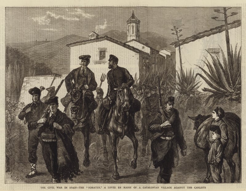 De burgeroorlog in Spanje, de Somaten, een massale opstand van een Catalaans dorp tegen de Carlisten door Joseph Nash