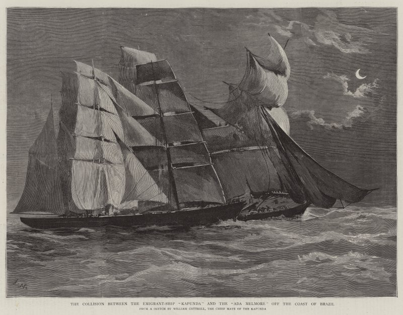 De botsing tussen het emigrantenschip Kapunda en de Ada Melmore voor de kust van Brazilië door Joseph Nash
