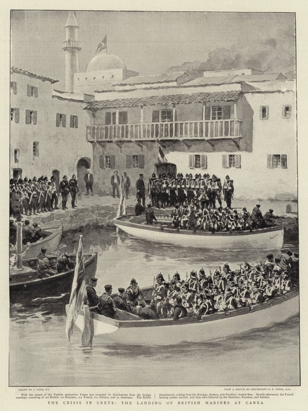 De Crisis op Kreta, de landing van Britse Mariniers bij Canea door Joseph Nash