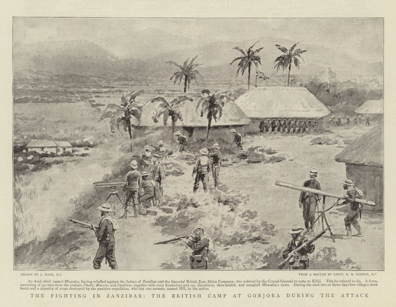 De Gevechten in Zanzibar, het Britse Kamp bij Gonjora tijdens de Aanval door Joseph Nash