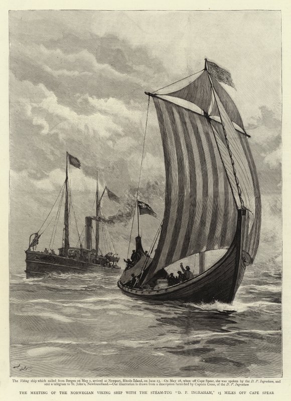 De ontmoeting van het Noorse Vikingschip met de stoomsleepboot D P Ingraham, 15 mijl van Kaap Spear door Joseph Nash