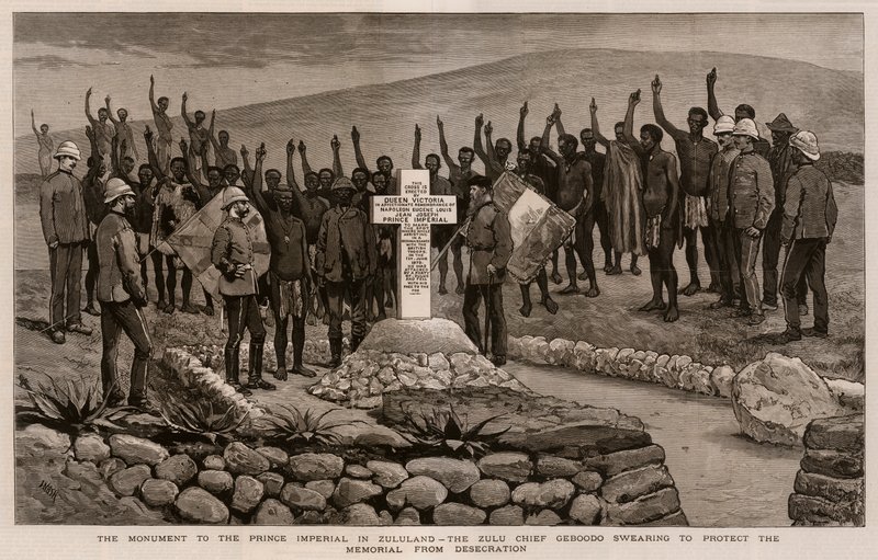 Het monument voor de Prins Imperial in Zululand, de Zulu Chief Geboodo zweert het monument te beschermen tegen ontheiliging door Joseph Nash