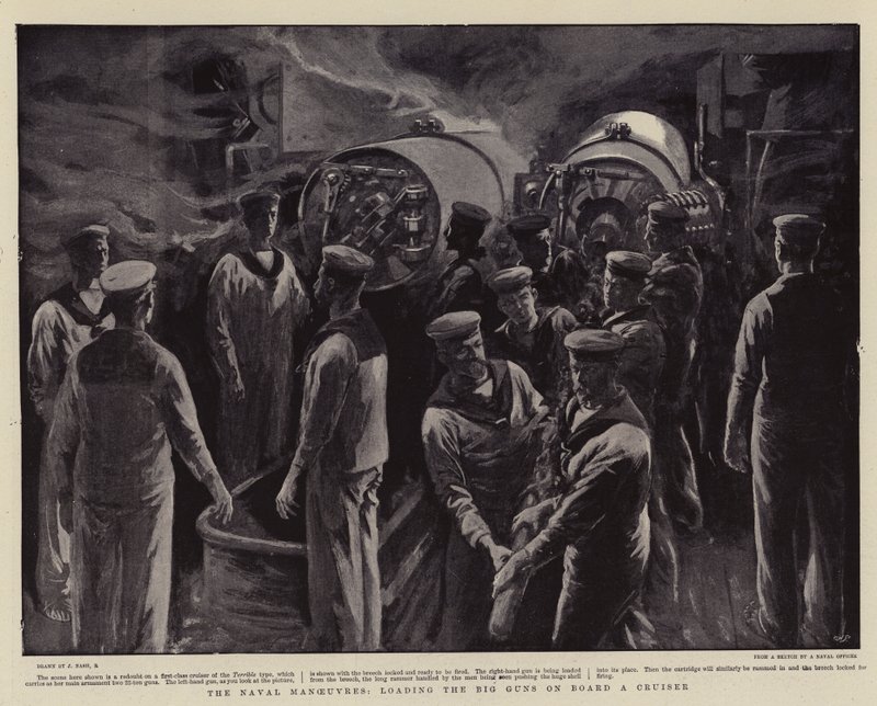 De marine-oefeningen, het laden van de grote kanonnen aan boord van een kruiser door Joseph Nash