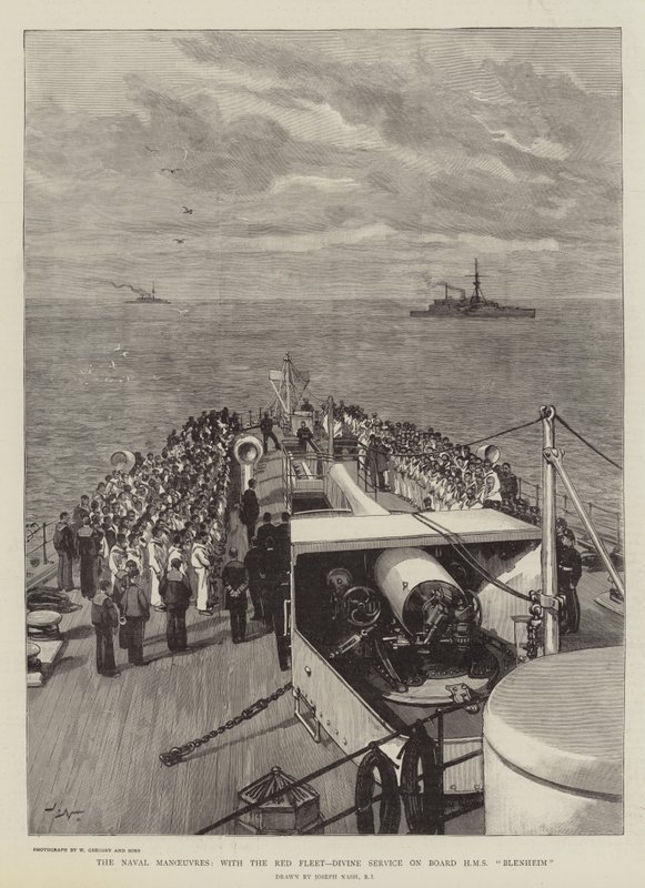 De marine-oefeningen, met de rode vloot, godsdienstoefening aan boord van HMS Blenheim door Joseph Nash