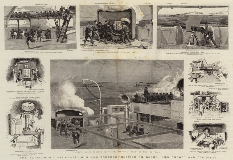 De maritieme mobilisatie, groot kanon en torpedo-oefening aan boord van H.M.S. Hero en Rodney door Joseph Nash