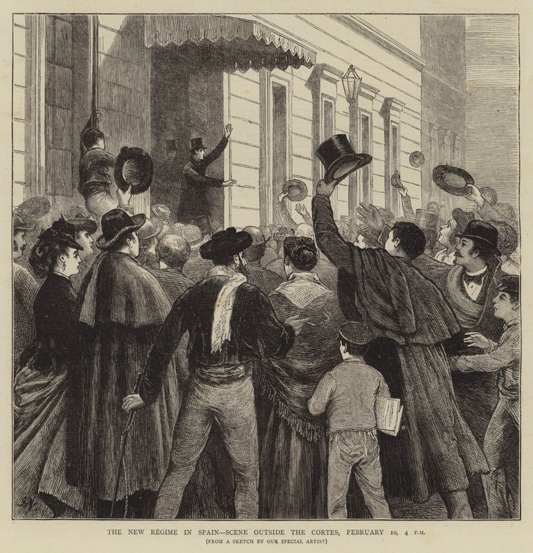 Het nieuwe regime in Spanje, scène buiten de Cortes, 10 februari, 16:00 uur door Joseph Nash