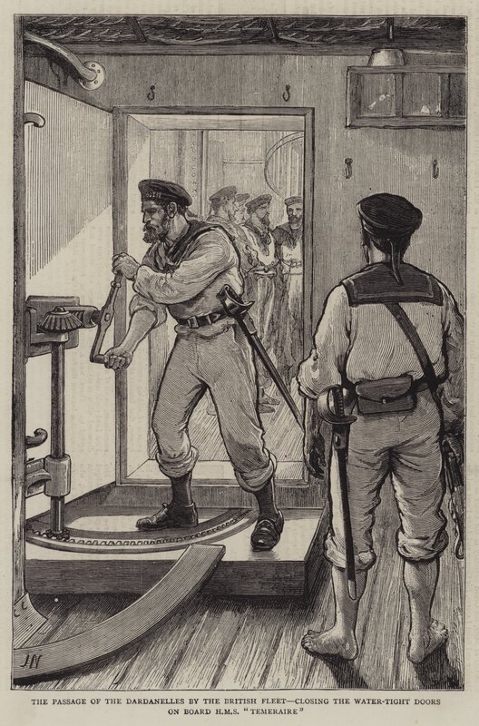 De Doortocht van de Dardanellen door de Britse Vloot, het Sluiten van de Waterdichte Deuren aan Boord van HMS Temeraire door Joseph Nash