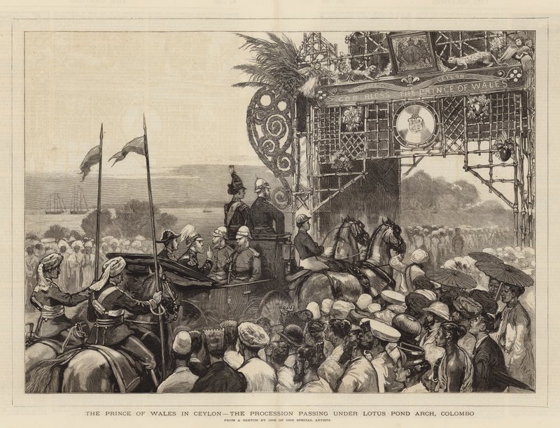 De Prins van Wales in Ceylon, de processie onder de Lotus Pond Arch, Colombo door Joseph Nash