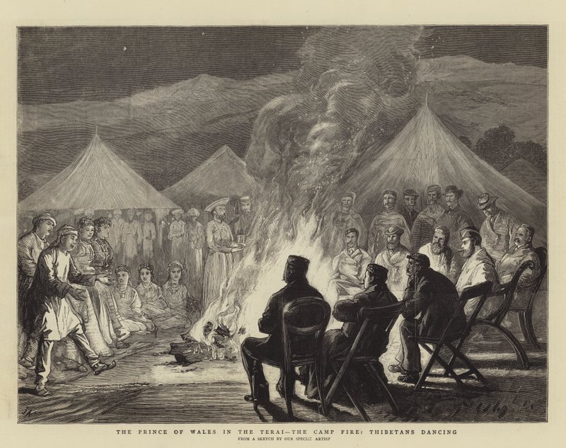 De Prins van Wales in de Terai, het Kampvuur, Thibetanen dansen door Joseph Nash