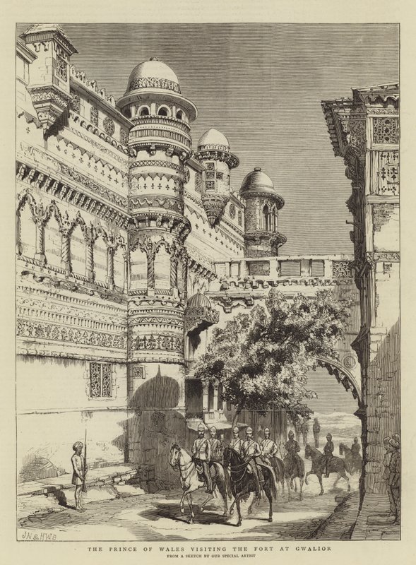De Prins van Wales bezoekt het fort in Gwalior door Joseph Nash