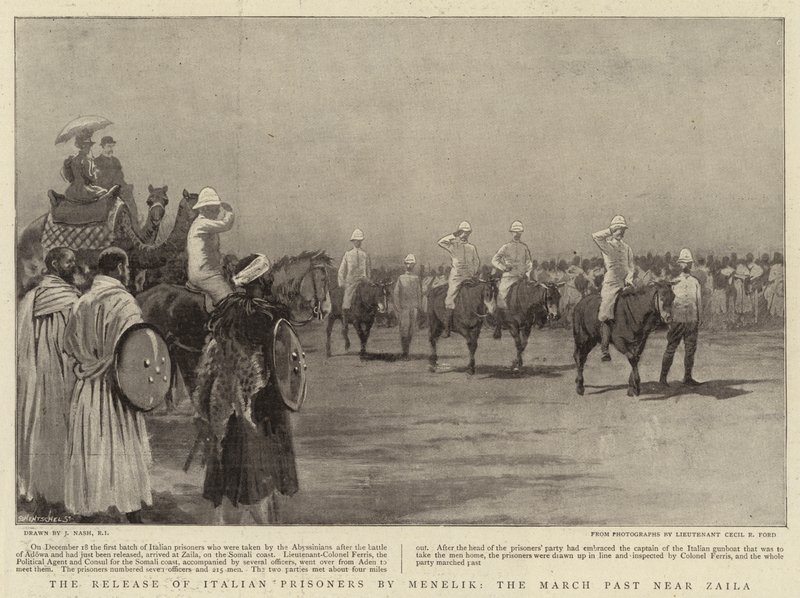 De vrijlating van Italiaanse gevangenen door Menelik, de mars voorbij Zaila door Joseph Nash