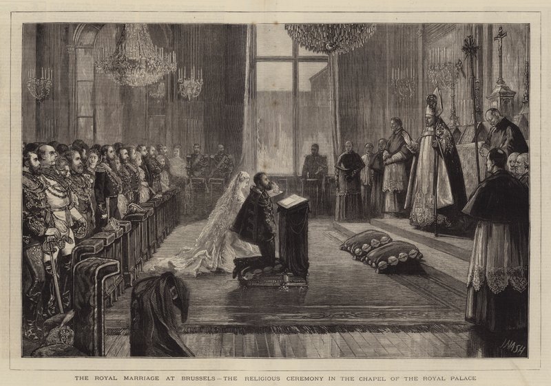 Het koninklijk huwelijk in Brussel, de religieuze ceremonie in de kapel van het koninklijk paleis door Joseph Nash