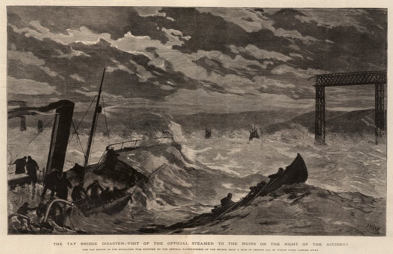 De Tay Bridge-ramp, bezoek van de officiële stoomboot aan de ruïnes op de avond van het ongeluk door Joseph Nash