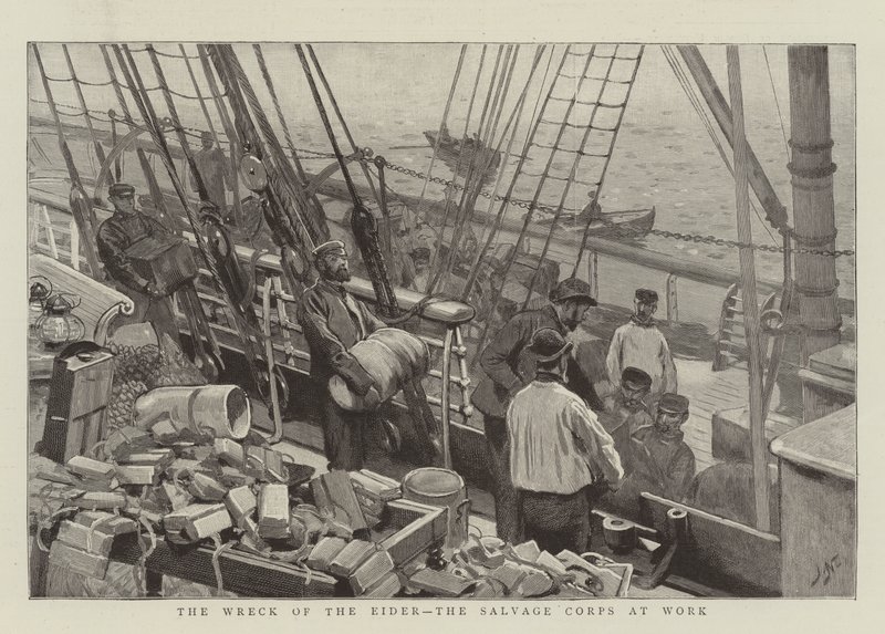 Het wrak van de Eider, het bergingskorps aan het werk door Joseph Nash