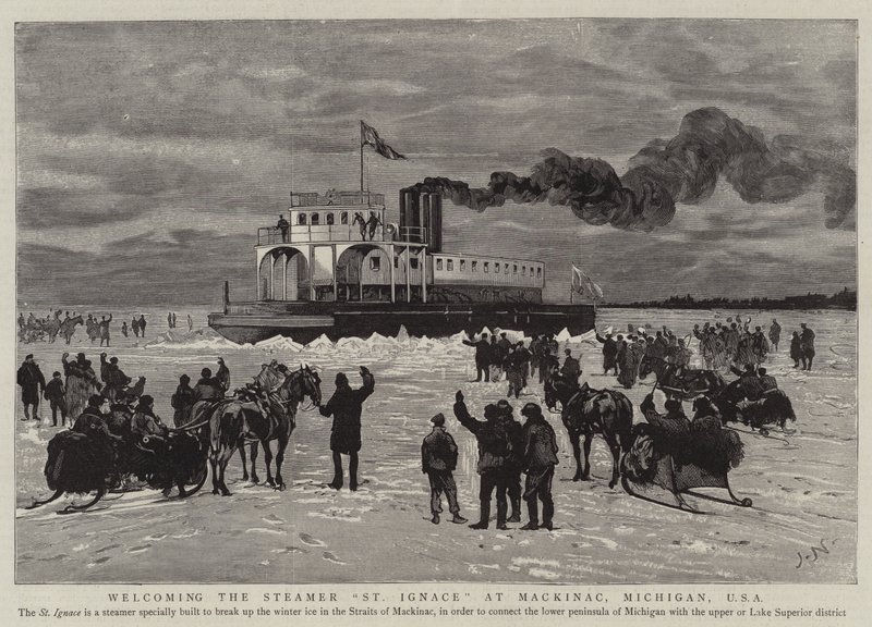 Verwelkoming van de Stoomboot St Ignace in Mackinac, Michigan, VS door Joseph Nash