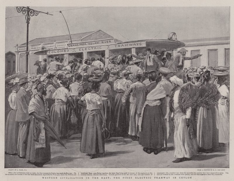 Westerse Beschaving in het Oosten, de Eerste Elektrische Tram in Ceylon door Joseph Nash
