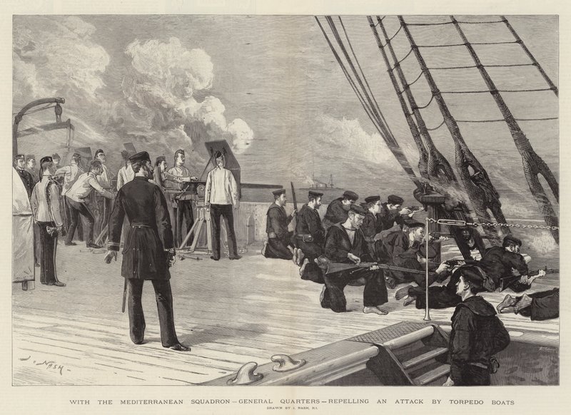 Met het Middellandse Zee-eskader, algemene kwartieren, afweren van een aanval door torpedoboten door Joseph Nash