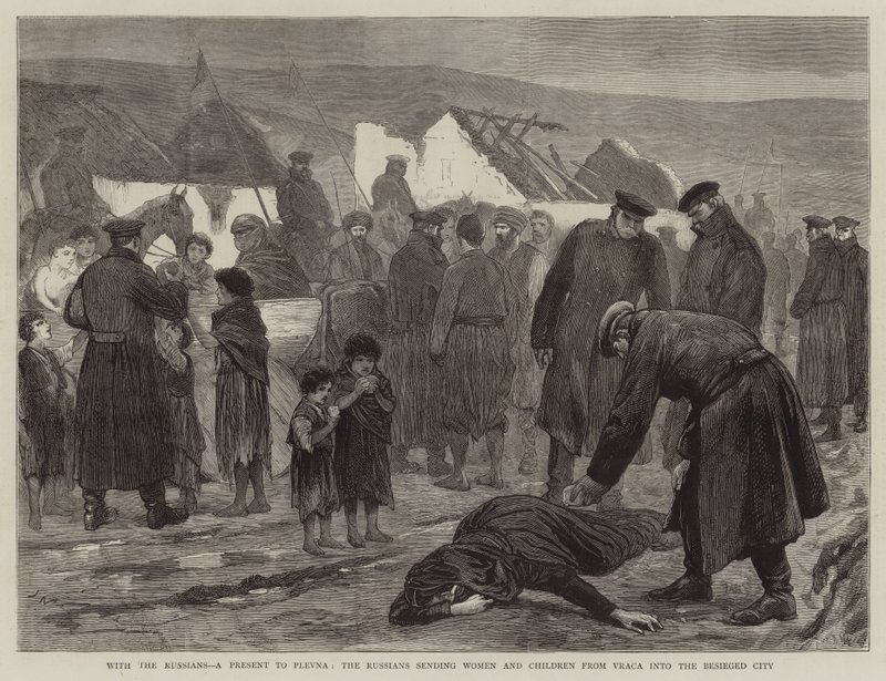 Met de Russen, een Geschenk aan Plevna, de Russen sturen Vrouwen en Kinderen van Vraca naar de Belegerde Stad door Joseph Nash