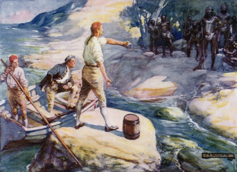 George Bass en Matthew Flinders ontmoeten een groep Aboriginals, Australië, 1790s door Joseph Ratcliffe Skelton