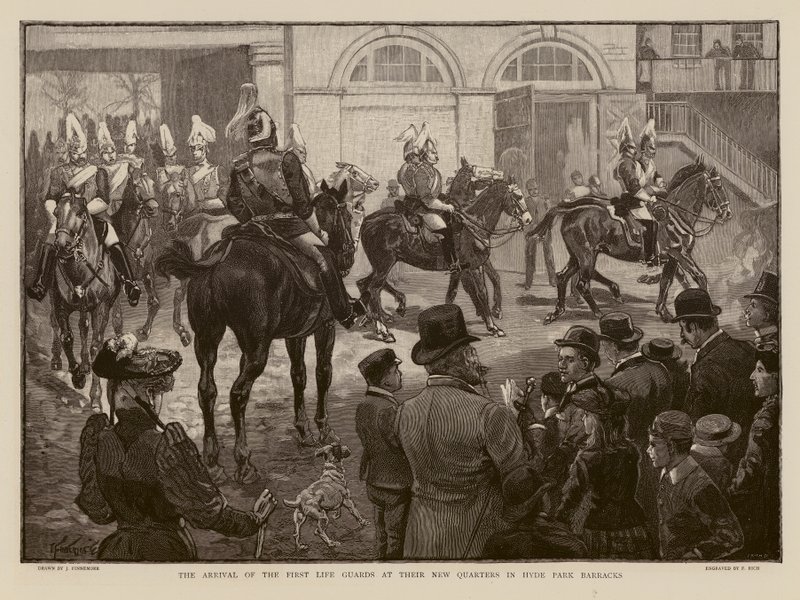 Life Guards arriveren bij hun nieuwe kazerne in Hyde Park, Londen (gravure) door Joseph (after) Finnemore