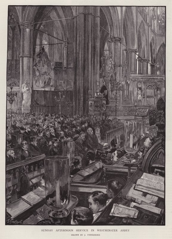 Zondagmiddagdienst in Westminster Abbey, Londen (litho) door Joseph (after) Finnemore