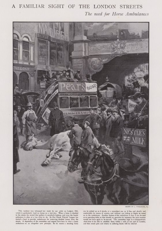 De noodzaak van paardenambulances op de straten van Londen door Joseph (after) Finnemore