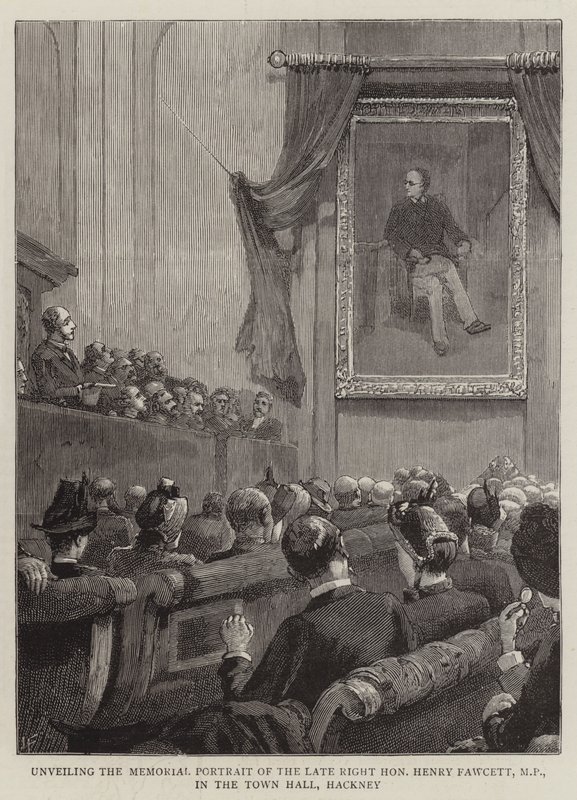 Onthulling van het herdenkingsportret van wijlen de zeer eerbiedwaardige Henry Fawcett, MP, in het stadhuis van Hackney door Joseph Finnemore