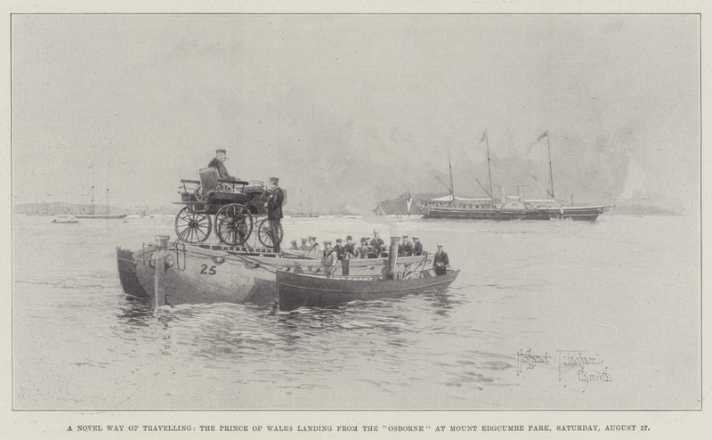 Een nieuwe manier van reizen, de Prins van Wales landt van de Osborne in Mount Edgcumbe Park, zaterdag 27 augustus door Joseph Holland Tringham