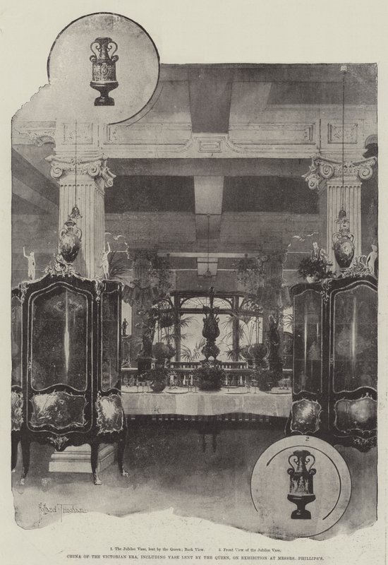 China uit het Victoriaanse tijdperk, inclusief vaas geleend door de koningin, tentoongesteld bij Messers Phillips door Joseph Holland Tringham