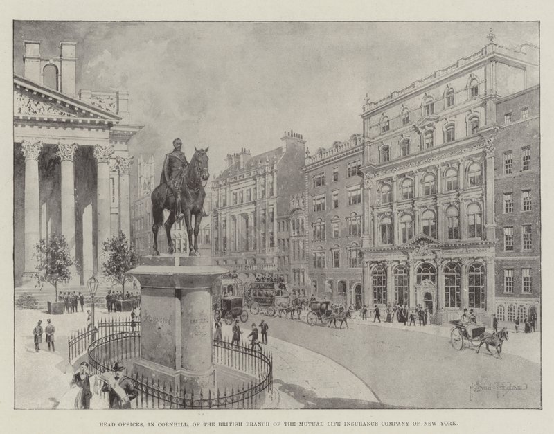 Hoofdkantoren, in Cornhill, van de Britse Tak van de Mutual Life Insurance Company van New York door Joseph Holland Tringham