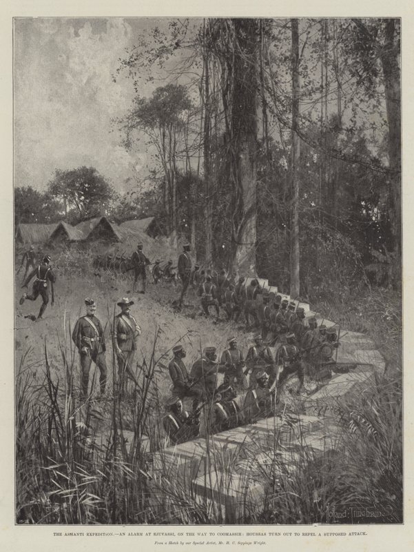De Ashanti-expeditie, een alarm bij Ejuvassi, op weg naar Coomassie, Houssas rukken uit om een vermeende aanval af te weren door Joseph Holland Tringham