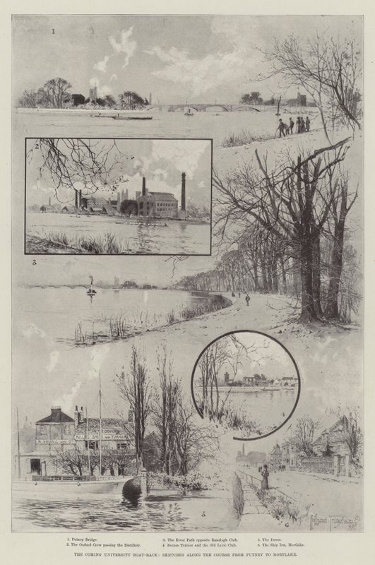 De Komende Universiteitsbootrace, Schetsen langs de Route van Putney naar Mortlake door Joseph Holland Tringham