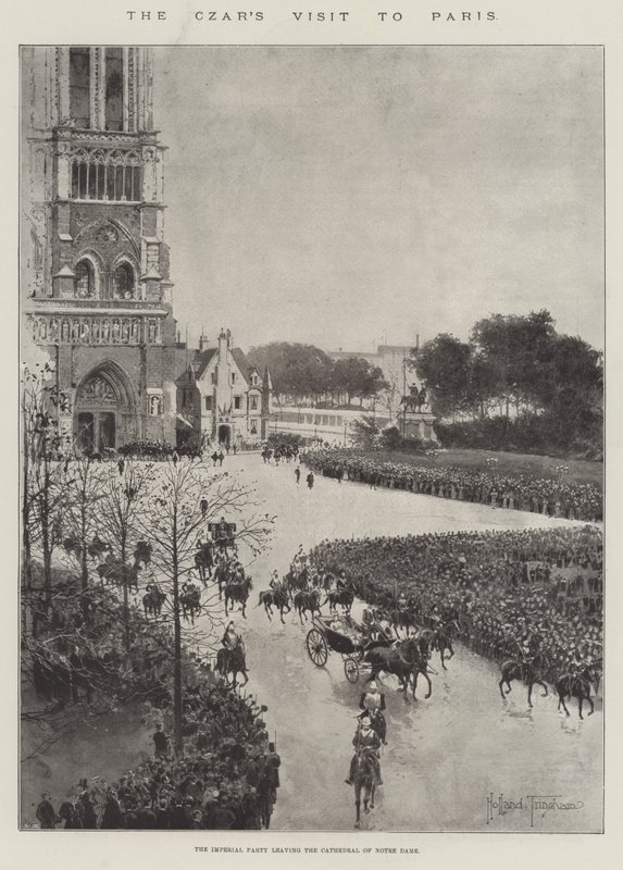 Het Bezoek van de Tsaar aan Parijs, het Keizerlijke Gezelschap verlaat de Kathedraal van Notre Dame door Joseph Holland Tringham