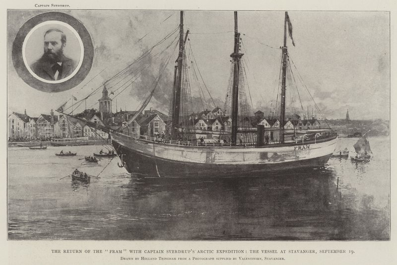 De terugkeer van de Fram met de Arctische expeditie van Kapitein Sverdrup, het schip in Stavanger, 19 september door Joseph Holland Tringham