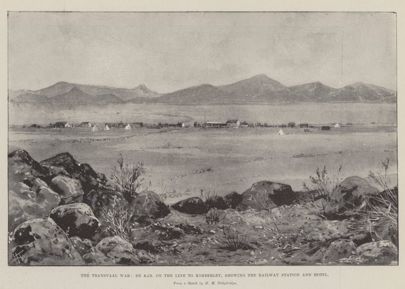 De Transvaal Oorlog, De Aar, op de Lijn naar Kimberley, met het Treinstation en Hotel door Joseph Holland Tringham