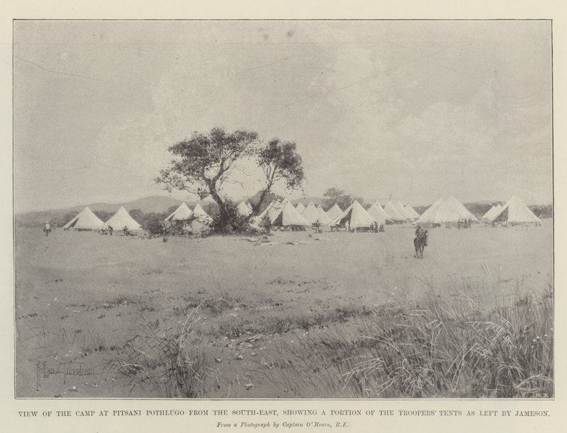 Uitzicht op het Kamp bij Pitsani Pothlugo vanuit het Zuidoosten, met een Deel van de Tentjes van de Ruiters zoals achtergelaten door Jameson door Joseph Holland Tringham