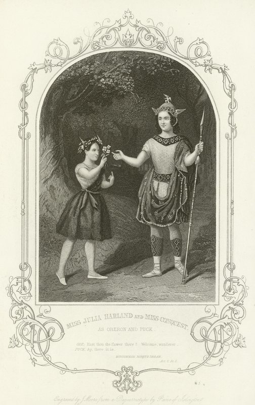 Miss Julia Harland en Miss Conquest als Oberon en Puck, Een Midzomernachtsdroom door Joseph Kenny Meadows