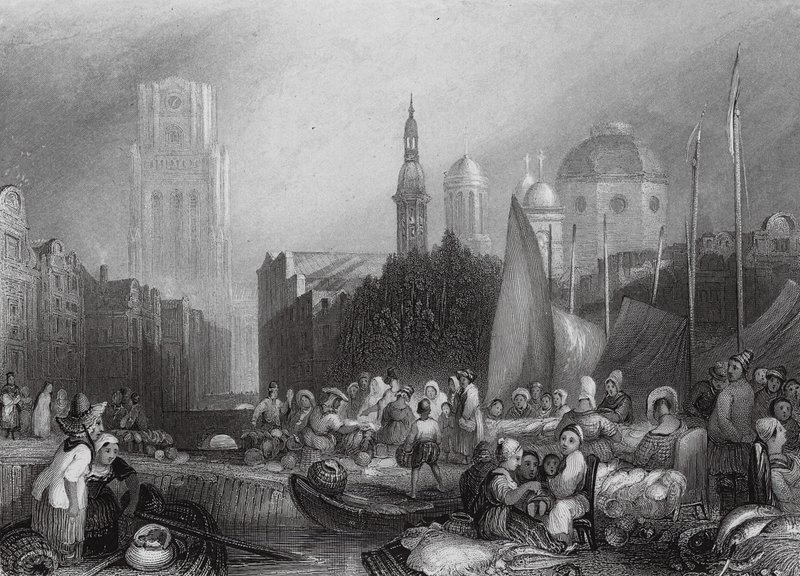 Vismarkt, Rotterdam door Joseph Mallord William (after) Turner