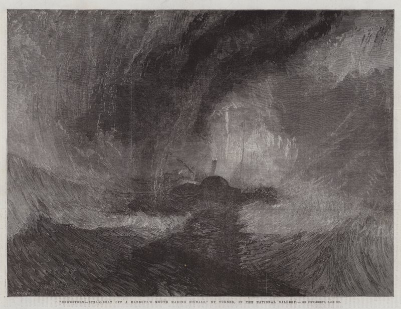 Sneeuwstorm, Stoomboot bij een havenmond die signalen maakt, in de National Gallery door Joseph Mallord William Turner