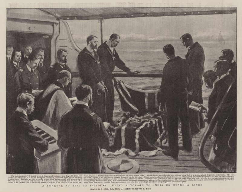 Een begrafenis op zee, een incident tijdens een reis naar India aan boord van een lijnschip door Joseph Nash
