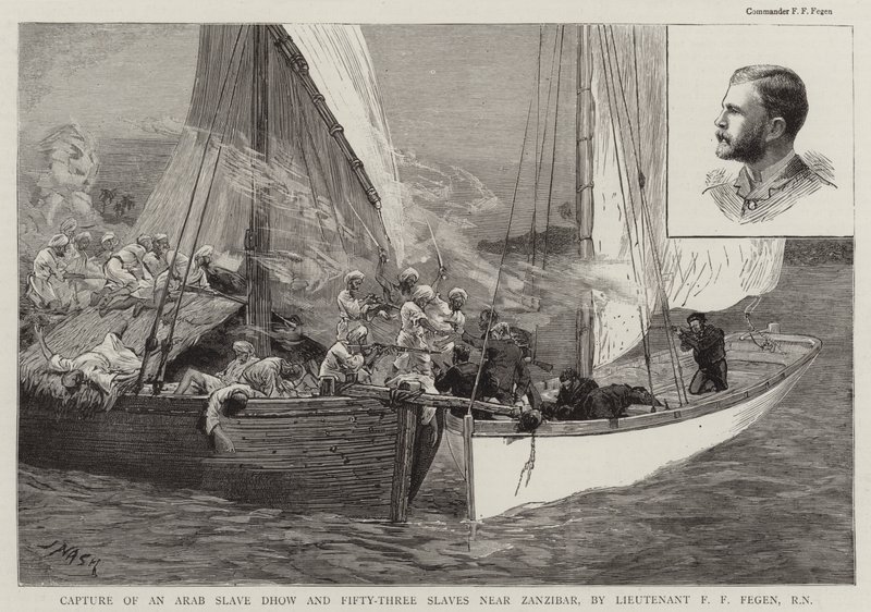 Verovering van een Arabische slavendhow en drieënvijftig slaven bij Zanzibar, door luitenant F. F. Fegen, RN door Joseph Nash