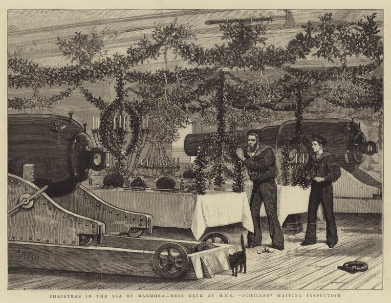 Kerstmis in de Zee van Marmora, Mess Deck van HMS Achilles wacht op inspectie door Joseph Nash