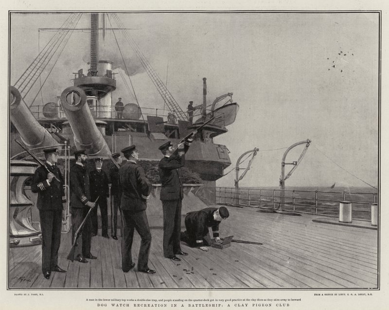 Hondenwacht recreatie op een slagschip, een kleiduivenschietclub door Joseph Nash