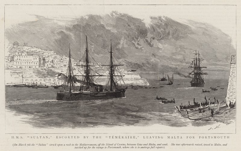 HMS Sultan, begeleid door de Temeraire, vertrekt uit Malta naar Portsmouth door Joseph Nash