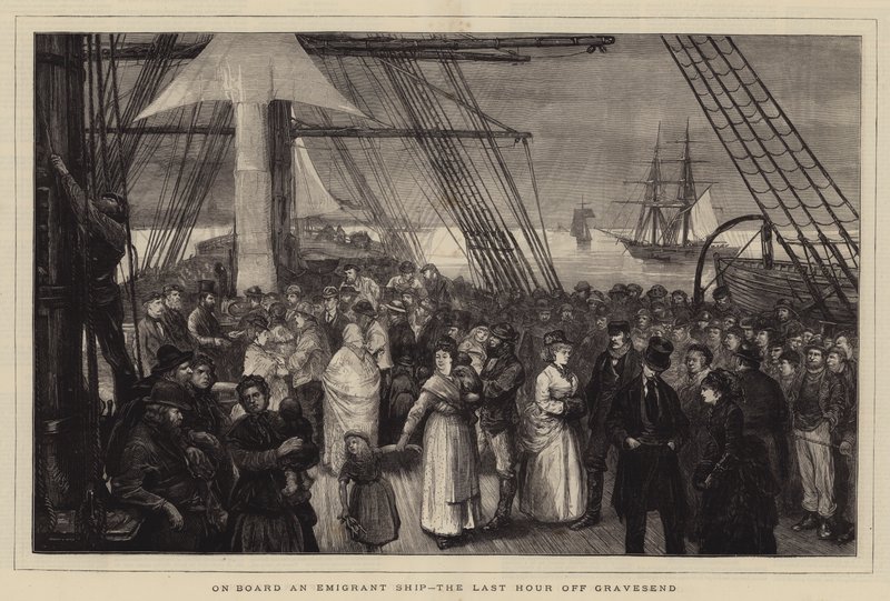 Aan boord van een emigrantenschip, het laatste uur voor Gravesend door Joseph Nash