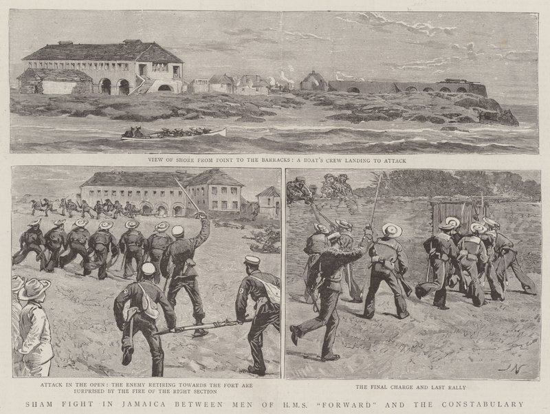 Schijngevecht in Jamaica tussen Mannen van HMS Forward en de Politie door Joseph Nash